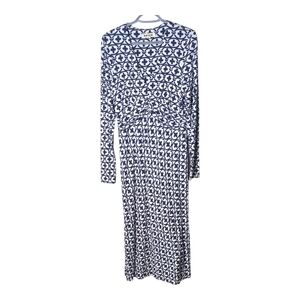 Boden Elodie Empire Midi Dress Navy White Pattern Size 8R Long Sleeve Stretch